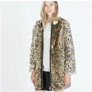ZARA Leopard Faux Fur Coat Leather Details